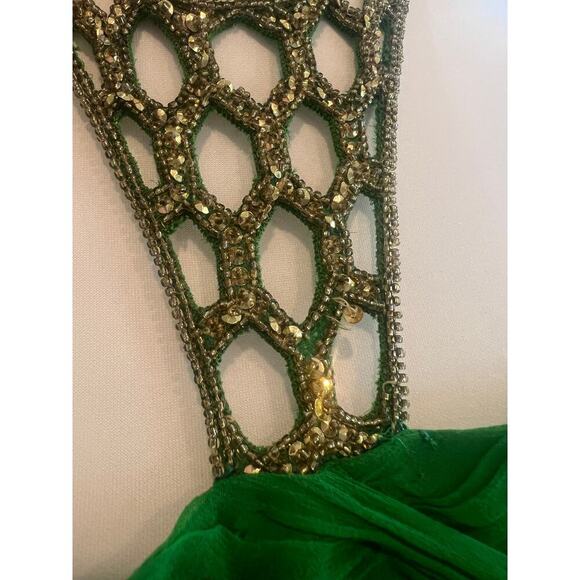 SCALA 100% SILK TOP SEQUINED BEADED NECK FLOOR LENGTH GREEN GOWN WOMENS SIZE 5 - Picture 5 of 15